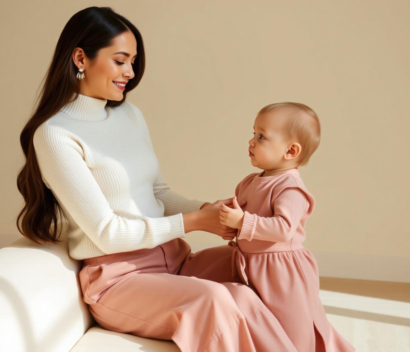 Mother and daughter in matching linen dresses